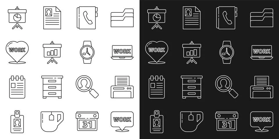 Set line Location with text work, Printer, Laptop, Address book, Chalkboard Stock Illustration