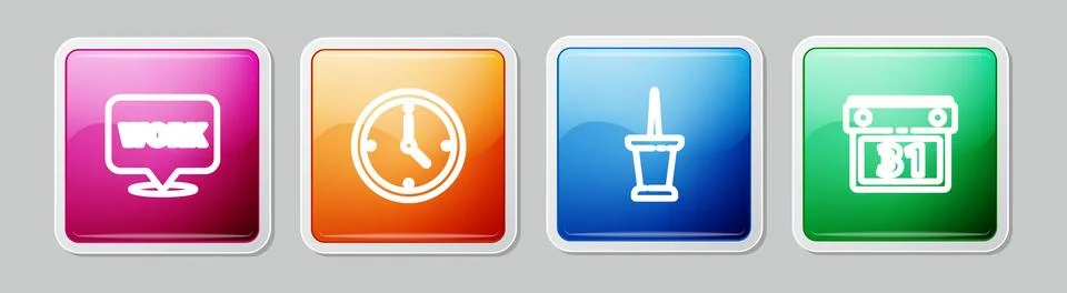 Set line Location with text work, Clock, Push pin and Calendar. Colorful square Stock Illustration