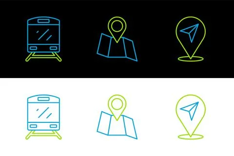Set line Location, Train and Folded map with location icon. Vector Stockillustratie