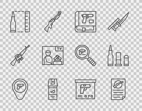 Set line Location with weapon, Firearms license certificate, Book pistol or.. Stock-Illustration