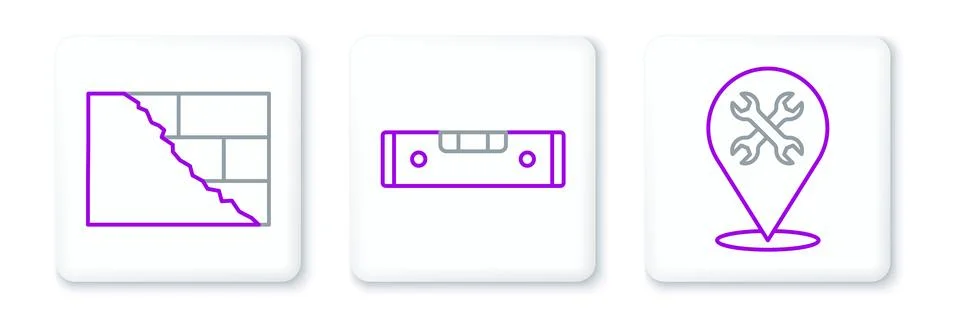 Set line Location with wrench, Bricks and Construction bubble level icon. Vector Stock Illustration