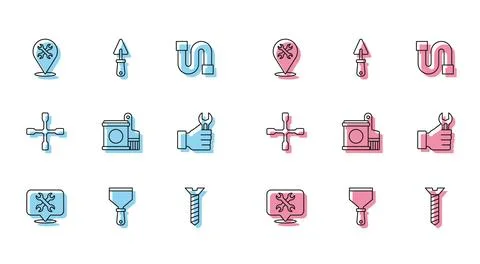 Set line Location with wrench, Putty knife, Metallic screw, Paint bucket and Ilustración de archivo