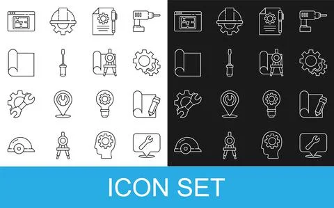 Set line Location with wrench spanner, Graphing paper and pencil, Gear, Document Illustrazione stock