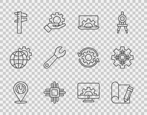 Set line Location with wrench spanner, Graphing paper and pencil, Laptop gear 스톡 일러스트