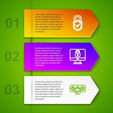 Set line Lock and check mark, on computer monitor, Password protection and Stock Illustration