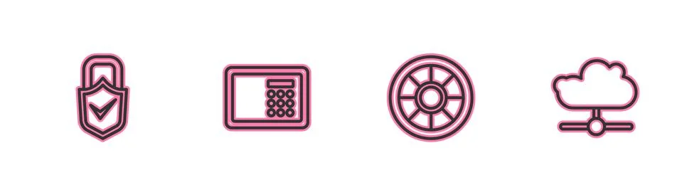 Set line Lock and check mark, Safe, and Network cloud connection icon. Vector Stockillustratie