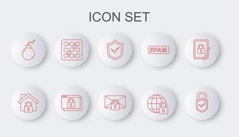 Set line Lock and check mark, House under protection, Shield with, Global イラスト素材
