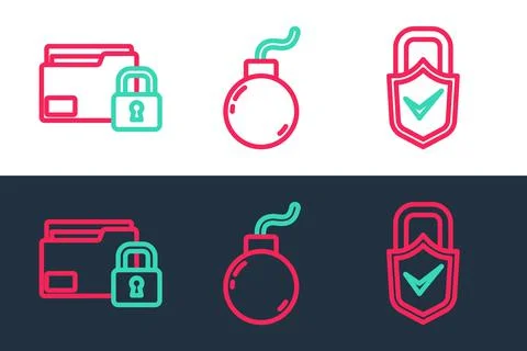 Set line Lock and check mark, Folder lock and Bomb ready to explode icon. Vec イラスト素材