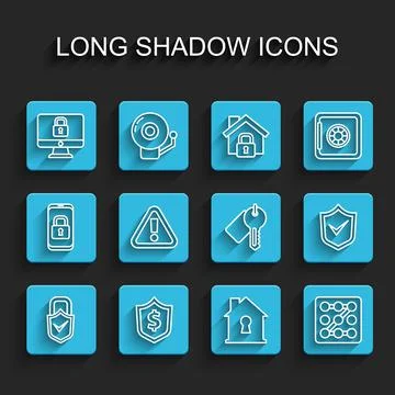Set line Lock and check mark, Shield with dollar, on computer monitor, House  스톡 일러스트