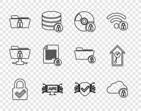 Set line Lock and check mark, Cloud computing lock, CD or DVD disk with Stockillustratie