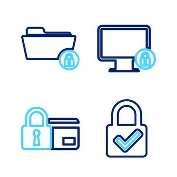 Set line Lock and check mark, Credit card with lock, on monitor and Folder icon Illustrazione stock