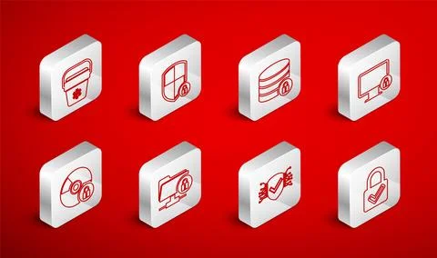 Set line Lock and check mark, Shield security with lock, Server, on monitor.. Stock Illustration