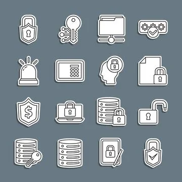 Set line Lock and check mark, Open padlock, Document, FTP folder, Safe, Mot.. Illustrazione stock