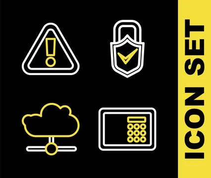 Set line Lock and check mark, Safe, Network cloud connection and Exclamatio.. Stock Illustration
