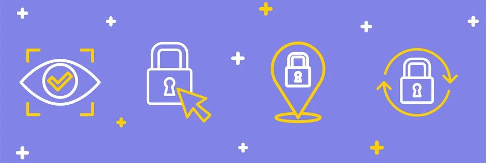 Set line Lock,  and Eye scan icon. Vector Stock Illustration