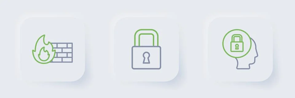 Set line Lock, and Firewall, security wall icon. Vector Stock Illustration