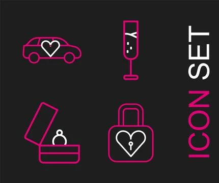Set line Lock and heart, Wedding rings, Glass of champagne and Limousine car Stock Illustration