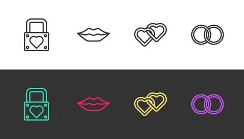 Set line Lock and heart, Smiling lips, Two Linked Hearts and Wedding rings .. Stock Illustration