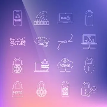 Set line Lock and key, VPN Computer network, Laptop with password, Invisible Stock Illustration