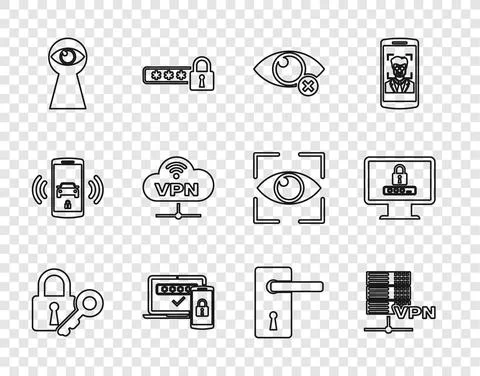 Set line Lock and key, Server VPN, Invisible or hide, Two steps authentication Stock Illustration