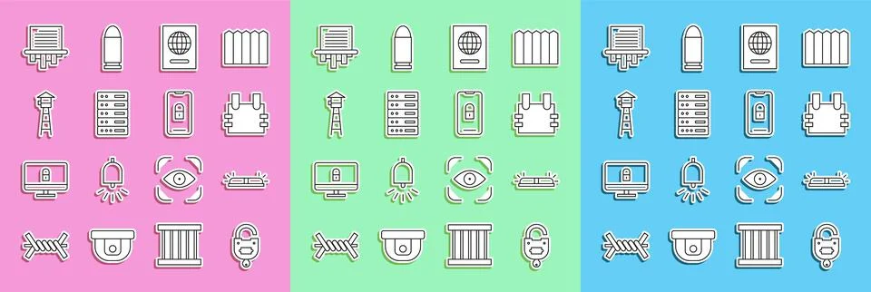 Set line Lock and key, Flasher siren, Bulletproof vest, Passport, Server, Data Stock Illustration
