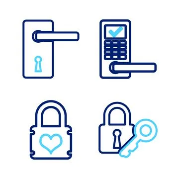 Set line Lock and key, Padlock with heart, Digital door wireless and Door h.. Illustration