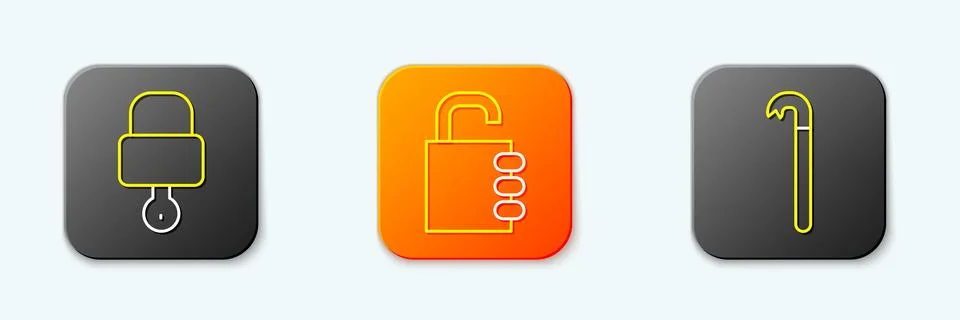 Set line Lock and key, Safe combination lock and Crowbar icon. Vector Stock Illustration
