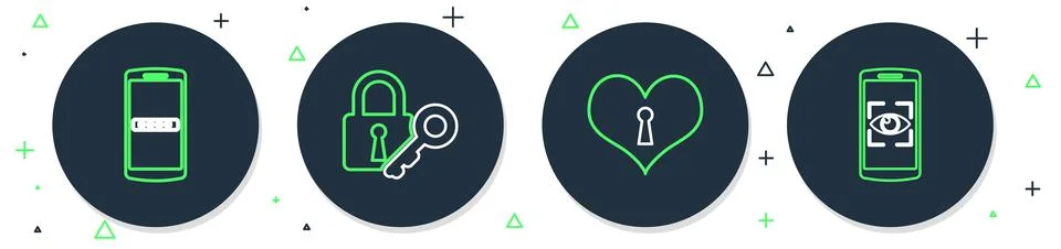 Set line Lock and key, Heart with keyhole, Mobile password and eye scan ico.. Stock Illustration