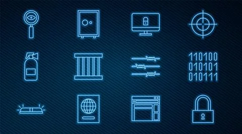 Set line Lock, Binary code, on computer monitor, Prison window, Fire Stock Illustration