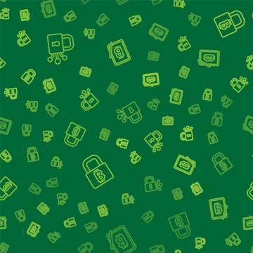 Set line Lock with bitcoin, and Mining from tablet on seamless pattern. Vector Stock Illustration