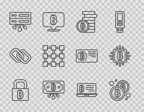 Set line Lock with bitcoin, Bitcoin, circuit, Server, Blockchain technology Stock Illustration