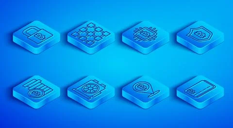 Set line Lock with bitcoin, Blockchain technology, CPU mining farm, Video 스톡 일러스트