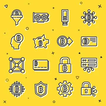 Set line Lock with bitcoin, Server, Credit card, USB flash drive, Piggy ban.. Stock Illustration