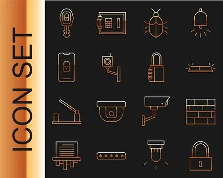 Set line Lock, Bricks, Flasher siren, System bug concept, Security camera Stock Illustration