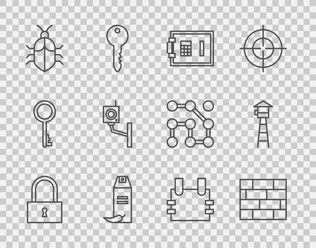 Set line Lock, Bricks, Safe, Pepper spray, System bug concept, Security cam.. Ilustración de archivo