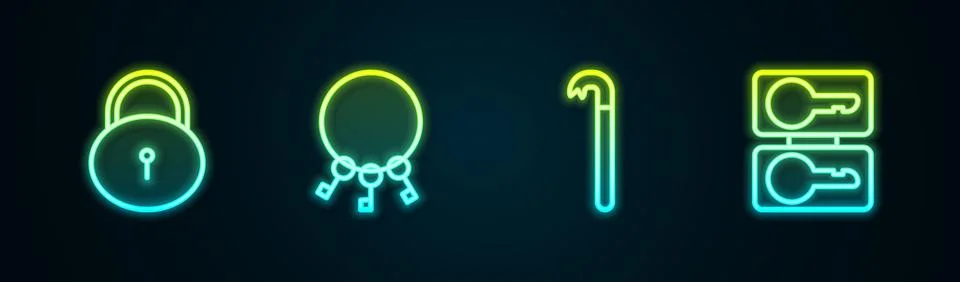 Set line Lock, Bunch of keys, Crowbar and Casting. Glowing neon icon. Vector Stock Illustration