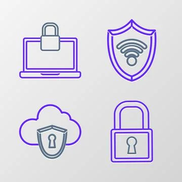 Set line Lock, Cloud and shield, Shield with WiFi wireless internet network.. Stock Illustration