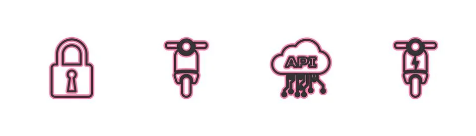 Set line Lock, Cloud api interface, Scooter and Electric scooter icon. Vector Stock Illustration