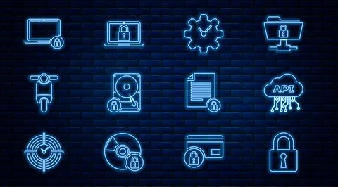 Set line Lock, Cloud api interface, Time Management, Hard disk drive and lock Stock Illustration