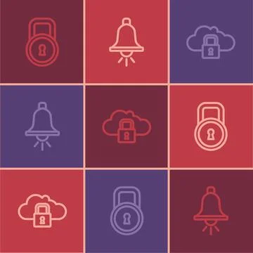 Set line Lock, Cloud computing lock and Ringing alarm bell icon. Vector Stock Illustration