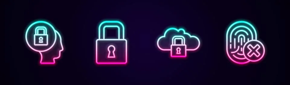 Set line Lock, Cloud computing lock and Cancelled fingerprint. Glowing neon icon Stock Illustration