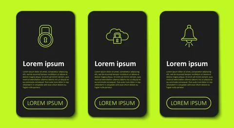 Set line Lock, Cloud computing lock and Ringing alarm bell. Business infographic Illustrazione stock