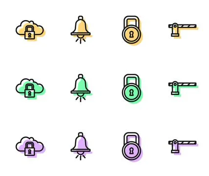 Set line Lock, Cloud computing lock, Ringing alarm bell and Parking car barri Illustrazione stock