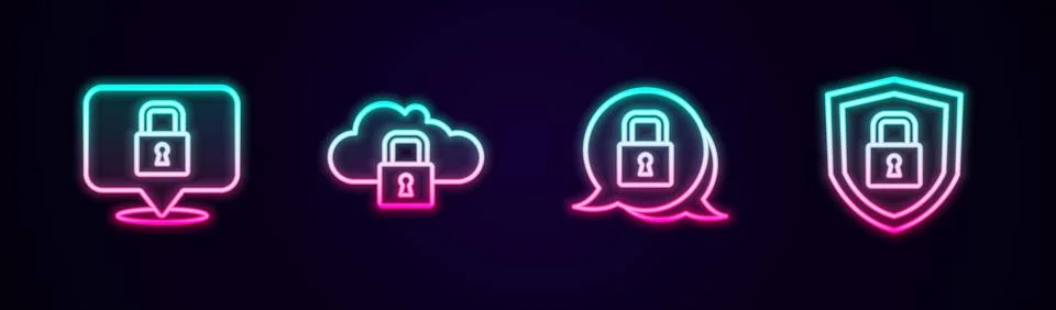Set line Lock, Cloud computing lock,  and Shield security with. Glowing neon  Stock Illustration
