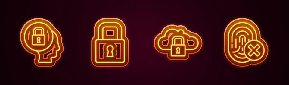 Set line Lock, Cloud computing lock and Cancelled fingerprint. Glowing neon icon Stock Illustration