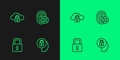 Set line Lock, Cloud computing lock and Cancelled fingerprint icon. Vector Stock Illustration