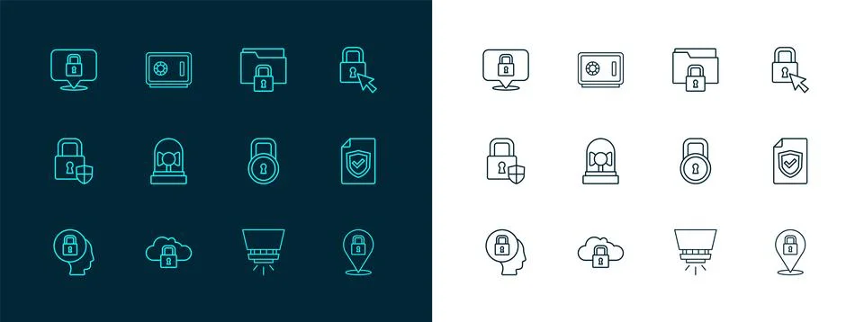 Set line Lock, Cloud computing lock, Fire sprinkler system, Ringing alarm b.. Stock Illustration