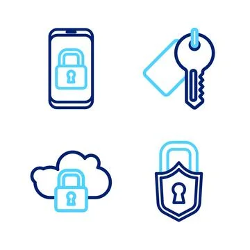 Set line Lock, Cloud computing lock, Marked key and Mobile with closed padl.. Stock Illustration