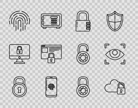 Set line Lock, Cloud computing lock, Safe combination, Smartphone with fing.. Stockillustratie