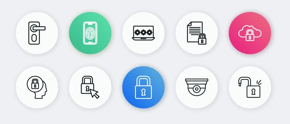 Set line Lock, Cloud computing lock, Security camera, Document and, Laptop .. Illustrazione stock